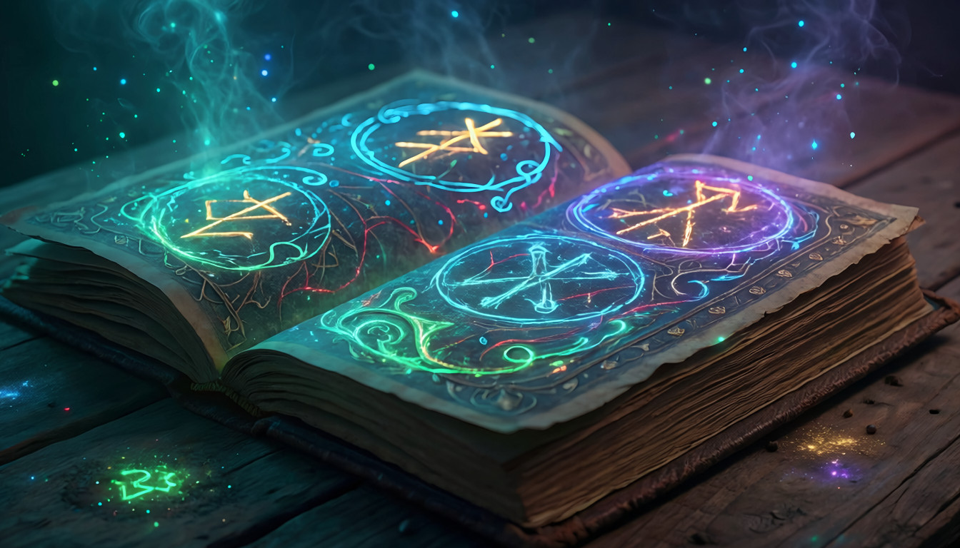 An ancient spellbook glowing with arcane runes